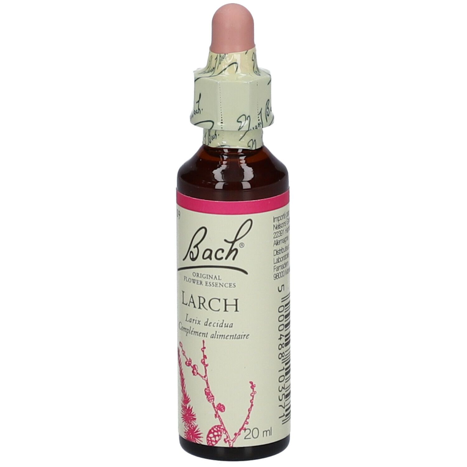 Flacon en verre brun avec étiquette rose. Texte : Bach Original Flower Essences, Larch, Larix decidua, 20 ml.