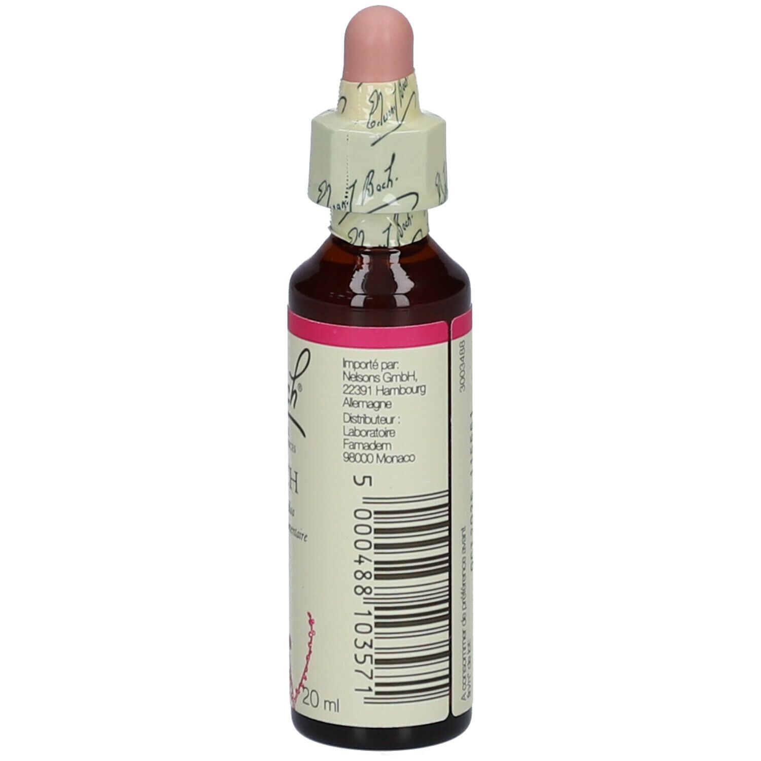 Flacon en verre brun avec étiquette rose. Texte : Bach Original Flower Essences, Larch, Larix decidua, 20 ml. Importé par : Nelsons GmbH.