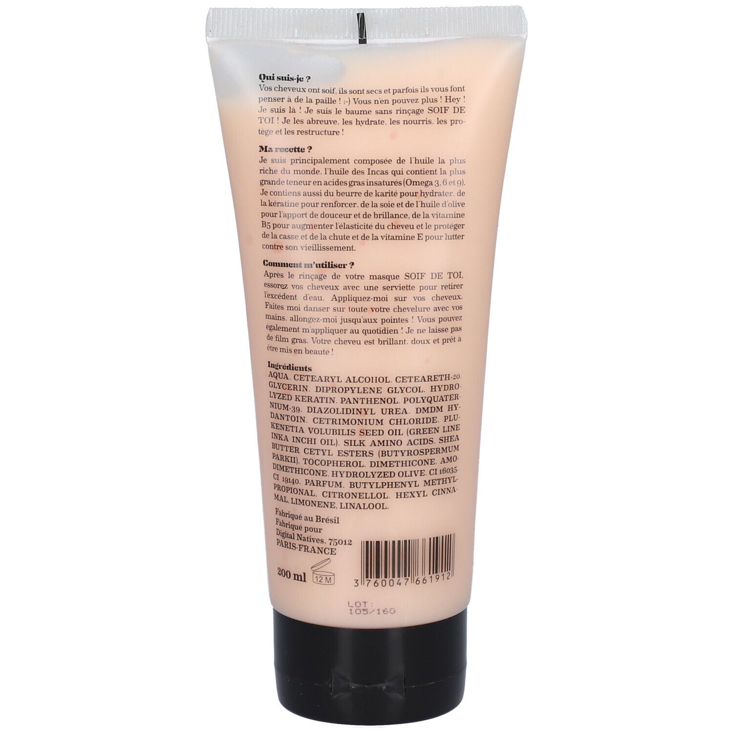 Dos d'un tube de crème. Texte et ingrédients en français. Tube transparent, bouchon noir.