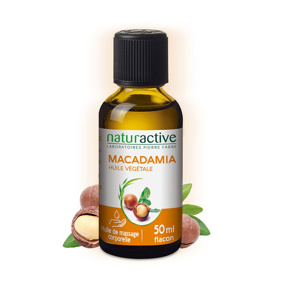 Flacon en verre brun avec bouchon noir et étiquette. Inscription: MACADAMIA Huile végétale. Noix de macadamia à côté.