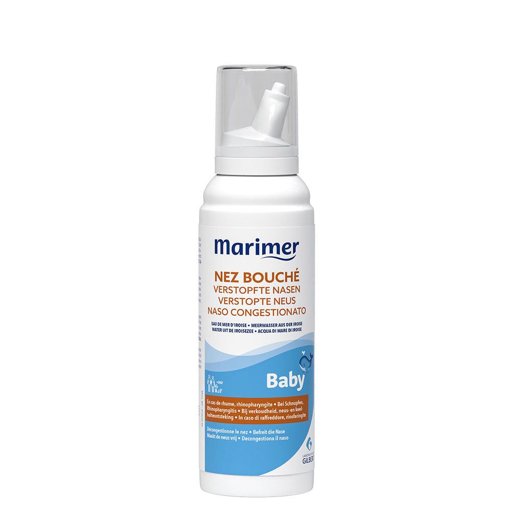 Spray nasal avec embout. Inscription: Marimer, Nez Bouché, Baby. Contient de l'eau de mer. Pour bébés.