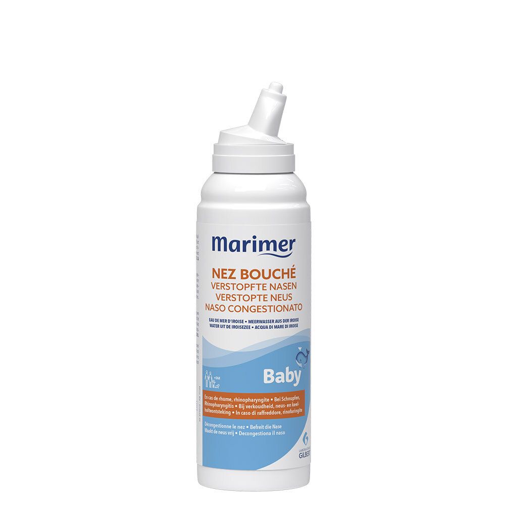 Spray nasal avec embout. Inscription: Marimer, Nez Bouché, Baby. Pour bébés. Flacon blanc.