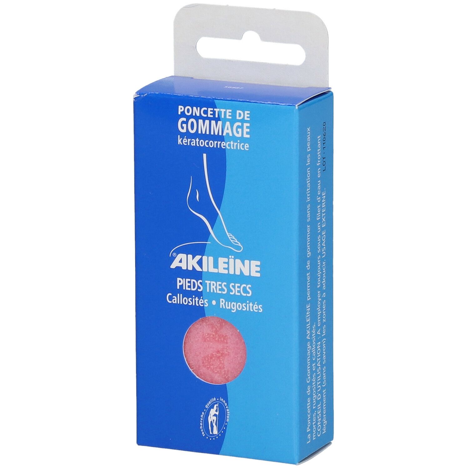 Boîte bleue avec éponge rose. Texte: Akileine, Pieds très secs, Callosités, Rugosités.  Marque et logo en bas.