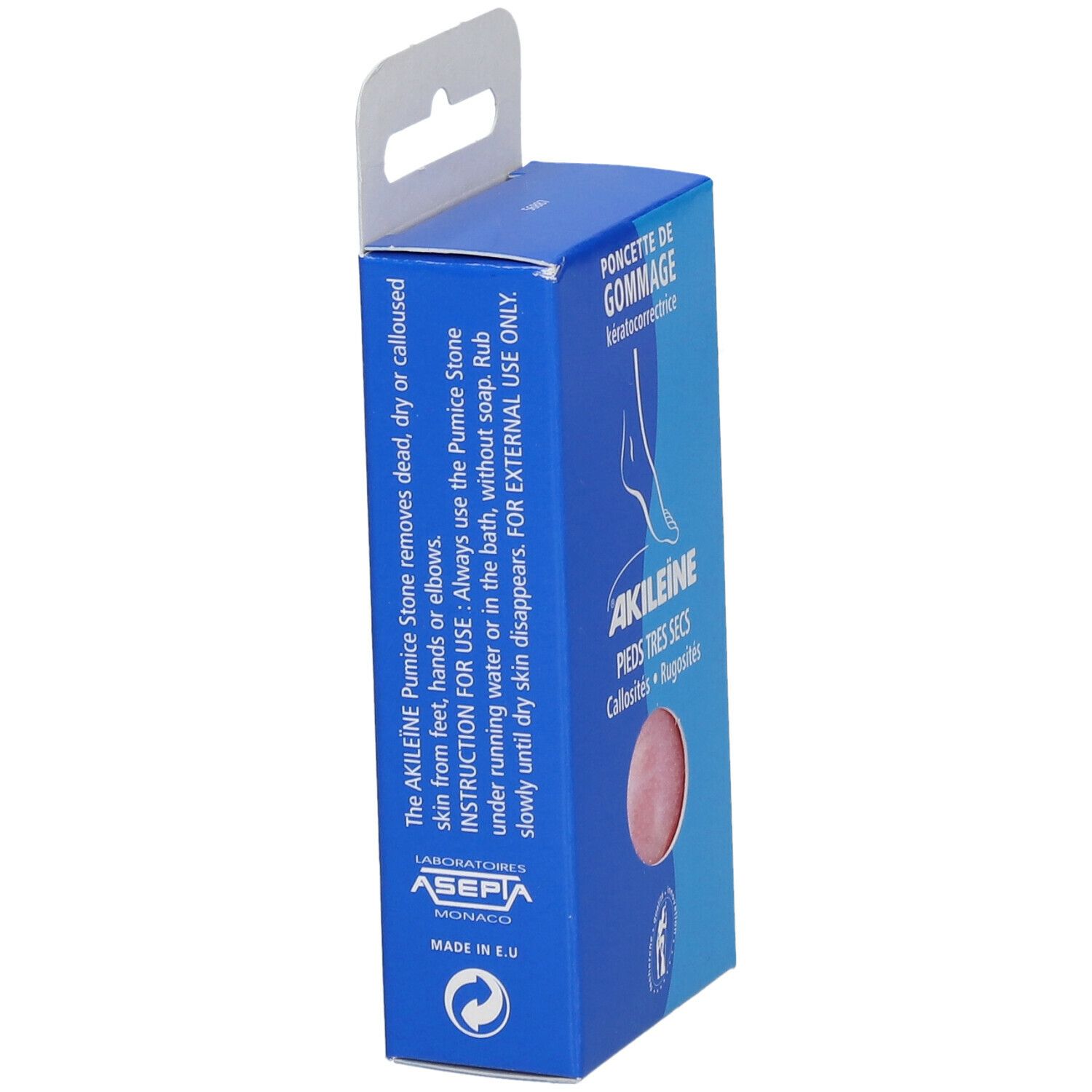 Boîte bleue avec éponge rose. Texte: Akileine, Pieds très secs. Logo et texte sur le côté. Fabriqué en UE.