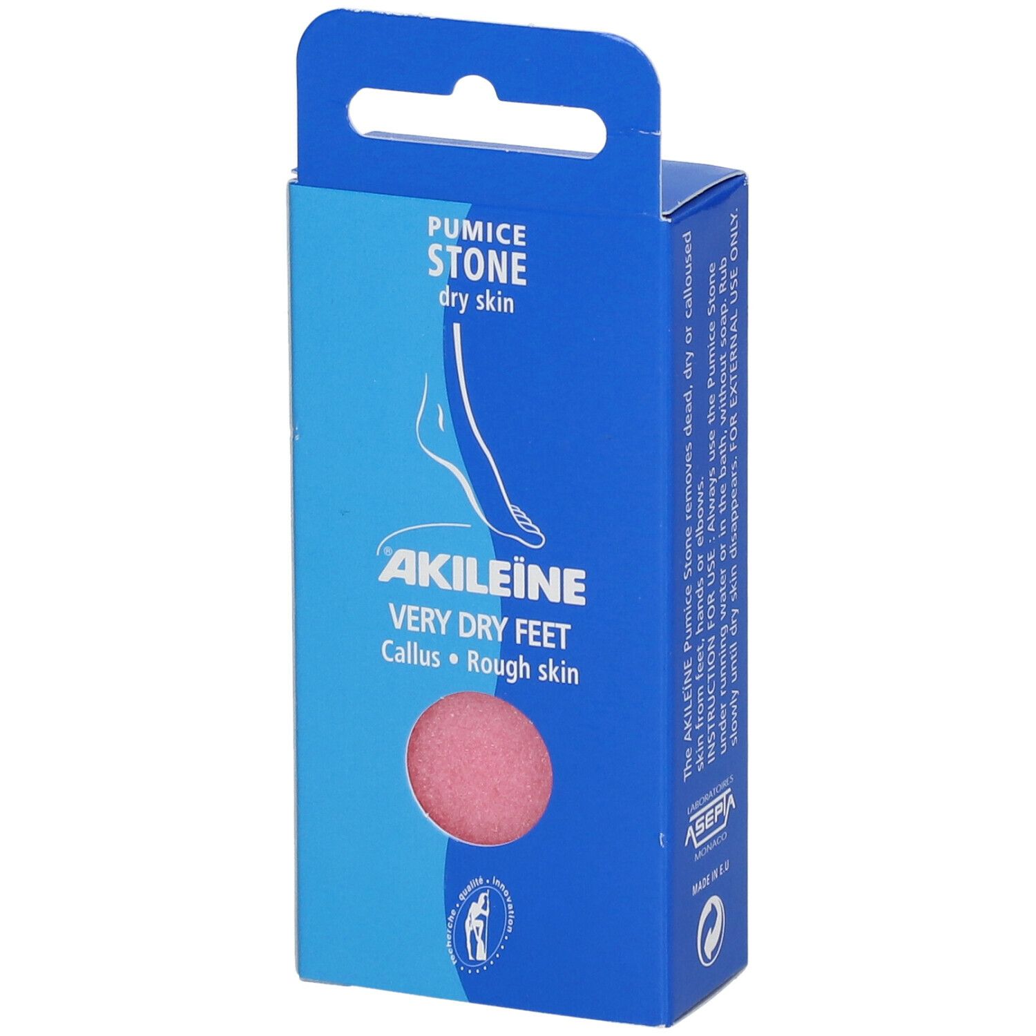 Boîte bleue avec éponge rose. Texte: Akileine, Very dry feet, Callus, Rough skin. Logo et texte sur le côté.