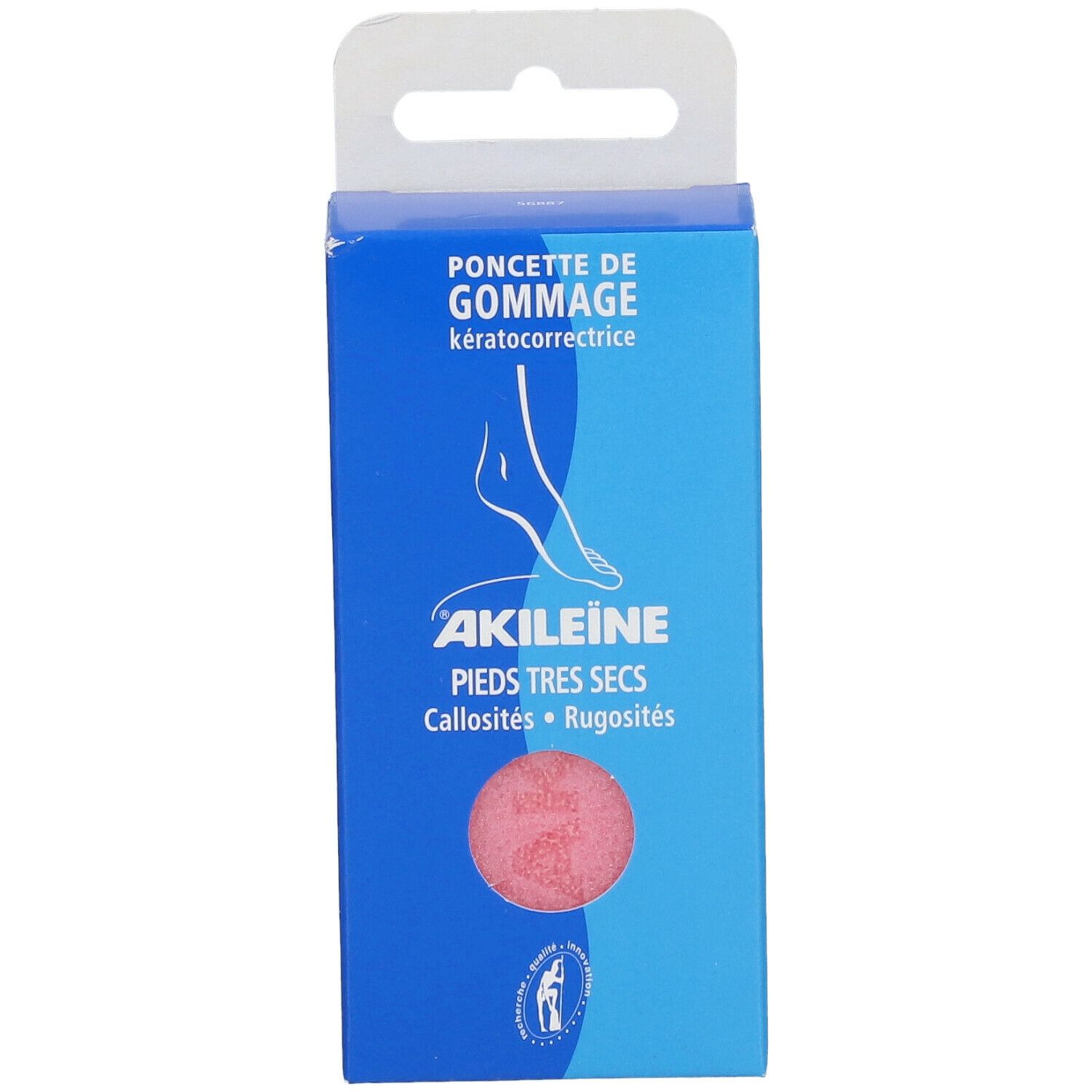 Boîte bleue avec éponge rose. Texte: Akileine, Pieds très secs, Callosités, Rugosités. Logo et texte sur le côté.