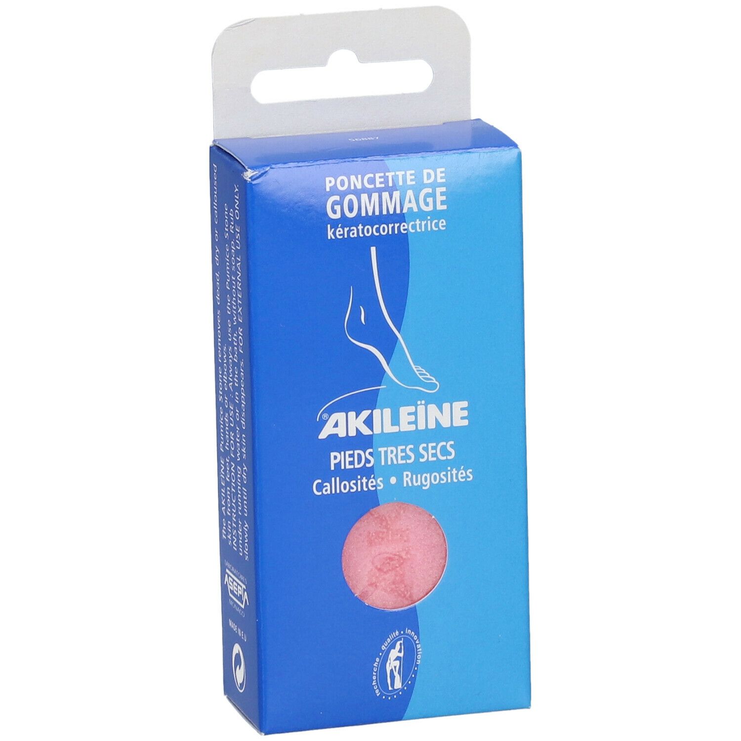 Boîte bleue avec éponge rose. Texte: Akileine, Pieds très secs, Callosités, Rugosités. Logo et texte sur le côté.
