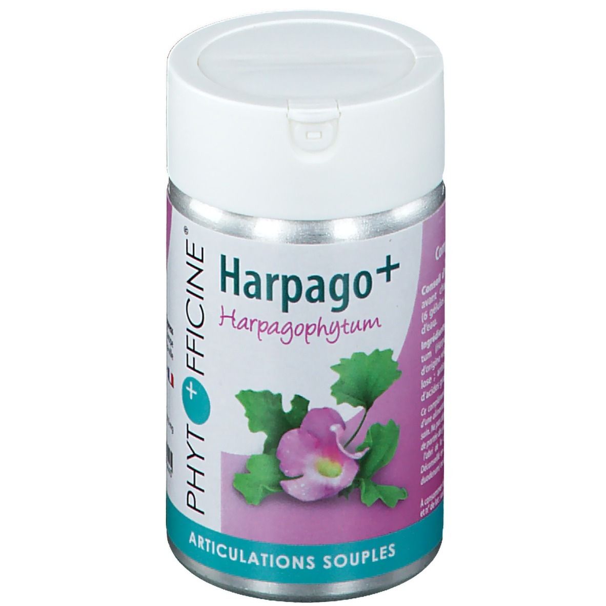 Flacon cylindrique avec couvercle blanc. Inscription Phytofficine Harpago+ et illustration florale. Sous-titre : Articulations souples.