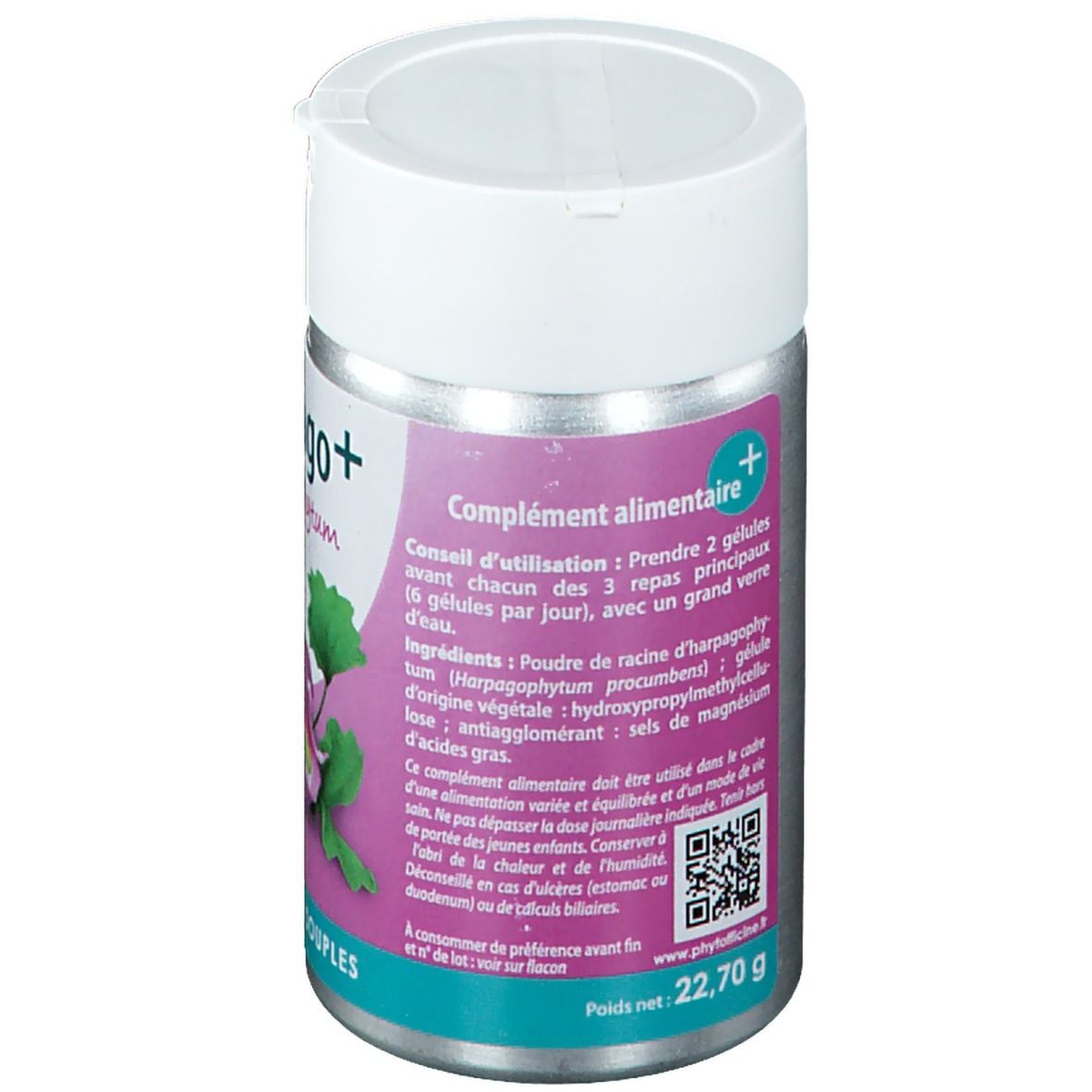 Flacon cylindrique avec couvercle blanc. Inscription Harpago+ et texte. Contient 22,70 g. Code QR et texte. Ingrédients au dos.