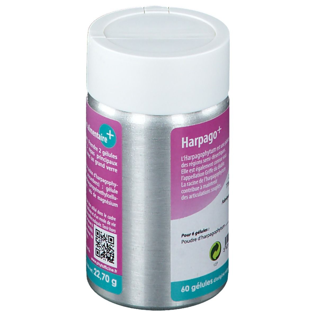 Flacon cylindrique avec couvercle blanc. Inscription Harpago+ et texte. Contient 60 gélules. Poids 22,70 g. Code QR et texte.