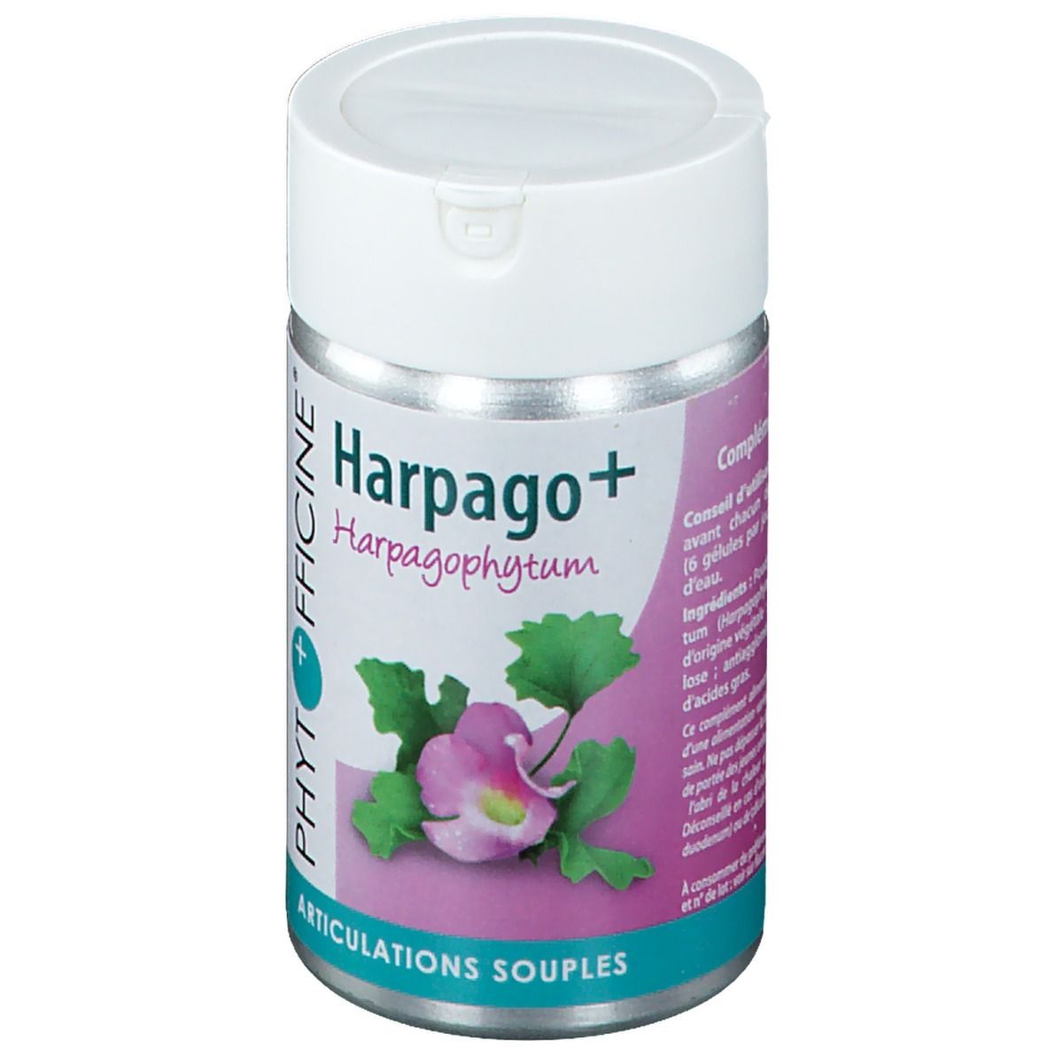 Flacon cylindrique avec couvercle blanc. Inscription Phytofficine Harpago+ et illustration florale. Sous-titre : Articulations souples.