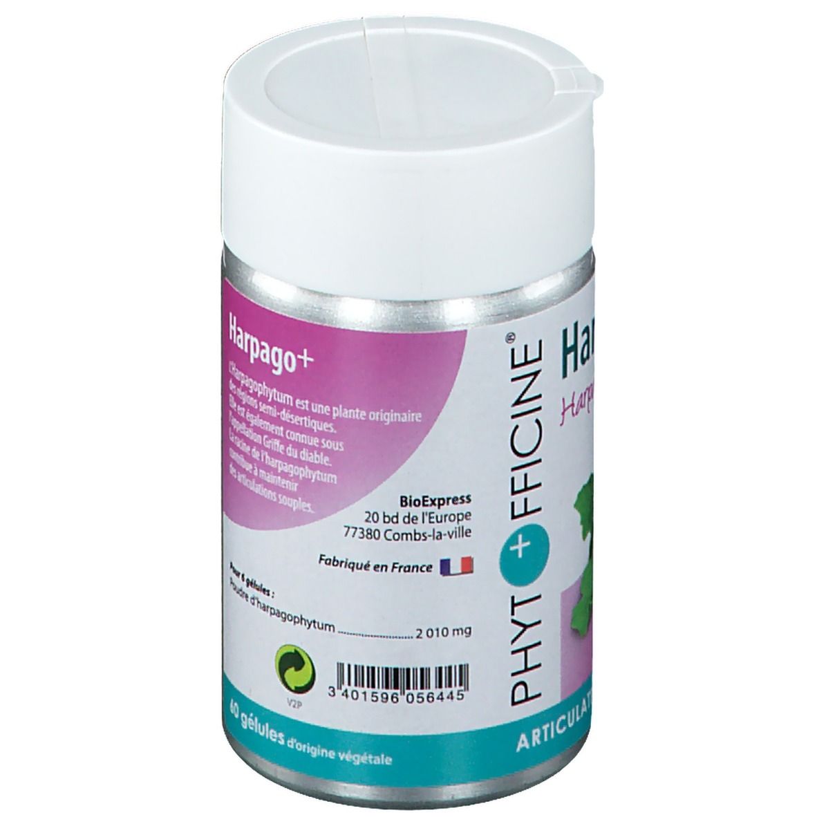 Flacon cylindrique avec couvercle blanc. Inscription Phytofficine Harpago+. Texte et logo. Fabriqué en France. 60 gélules.