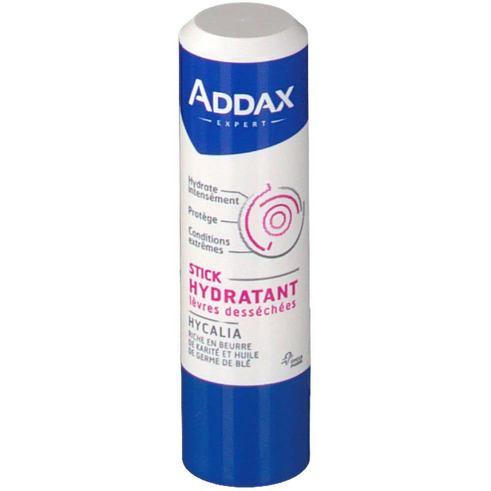 Stick hydratant ADDAX Hycalia. Emballage cylindrique blanc et bleu. Inscriptions: Stick Hydratant, Hycalia, et logo de la marque.