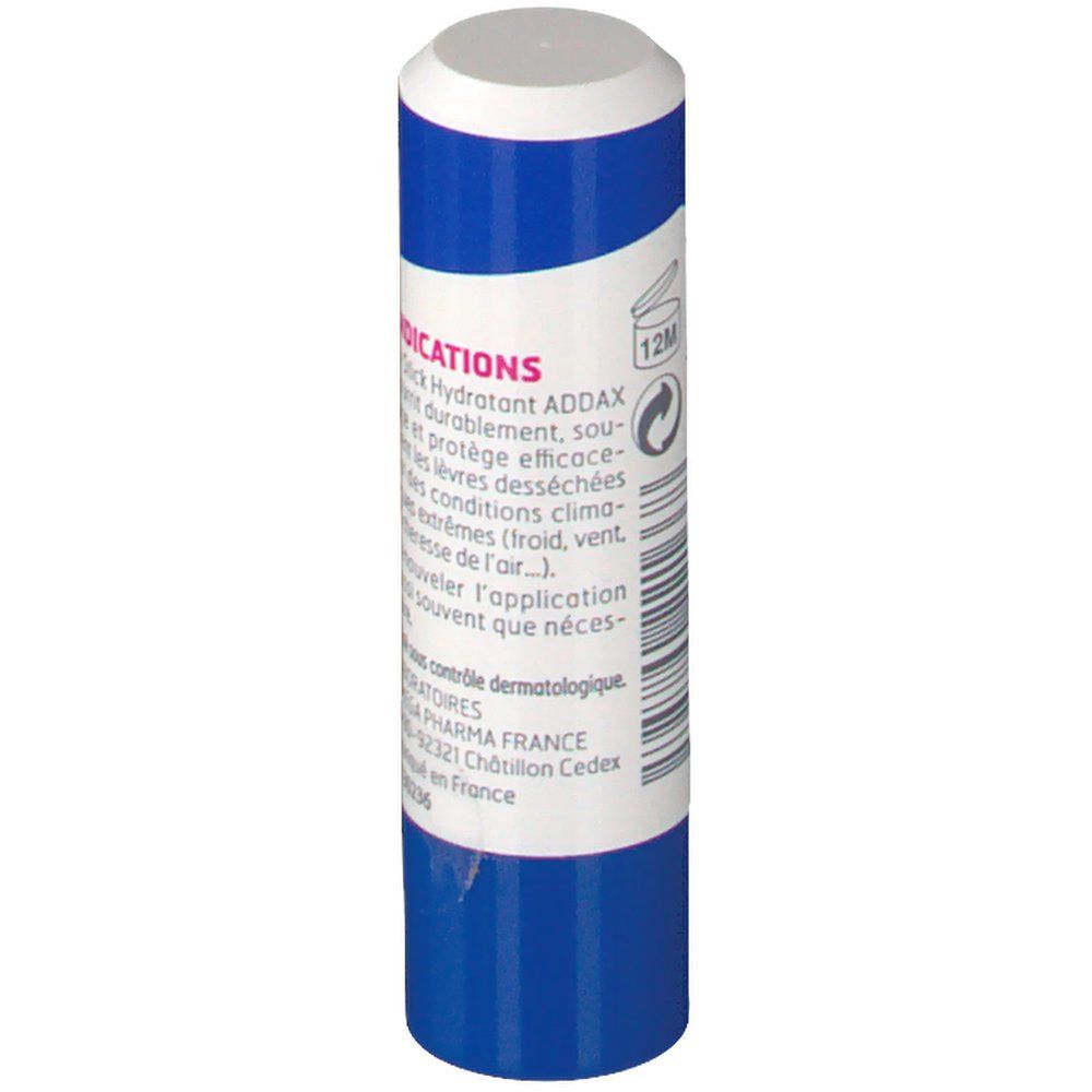 Dos du stick hydratant. Bouchon blanc, corps bleu et blanc. Texte, code-barres et logo 12M (période après ouverture).