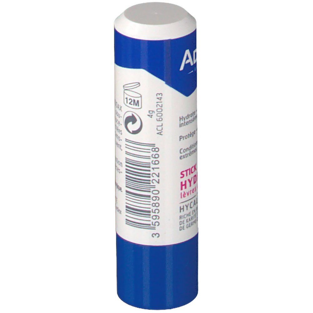 Dos du stick hydratant. Bouchon blanc, corps bleu et blanc. Code-barres, texte et indication 4g. Logo 12M.