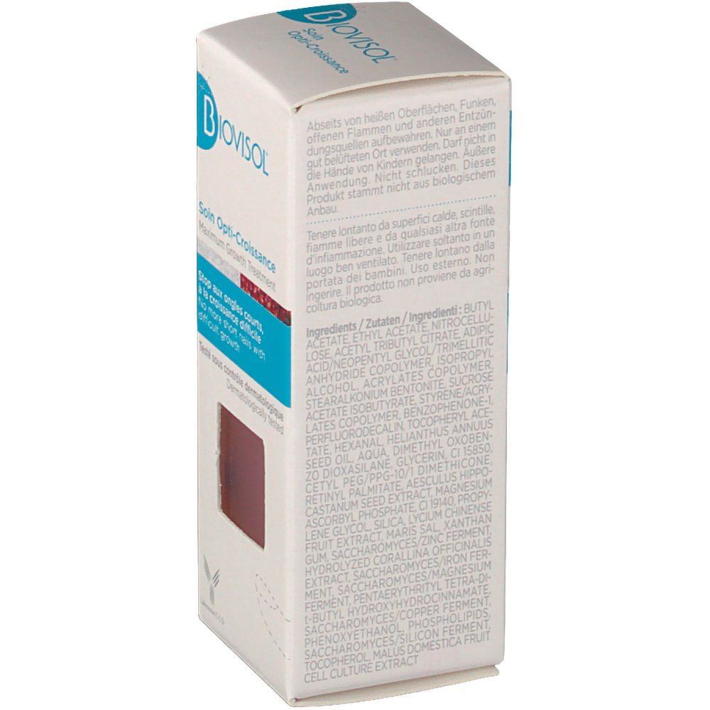 Dos de la boîte Biovisol Soin Opti-Croissance. Texte multilingue et liste des ingrédients.