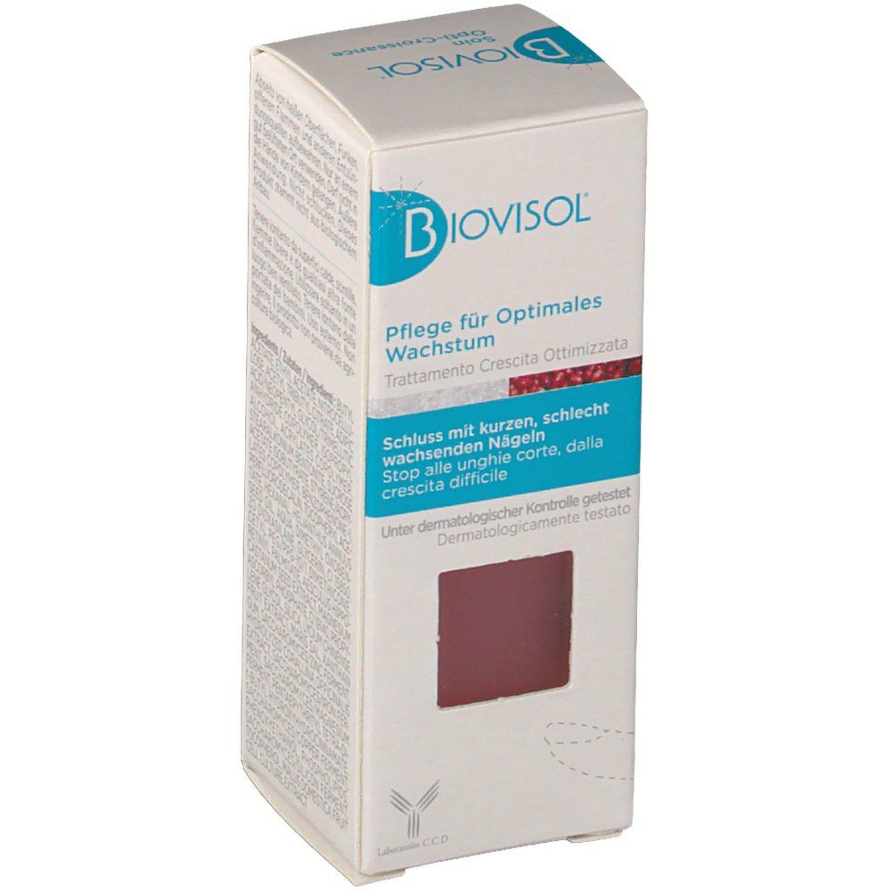 Boîte Biovisol Soin Opti-Croissance. Blanche, logo bleu et informations produit. Fenêtre avec surface rouge.