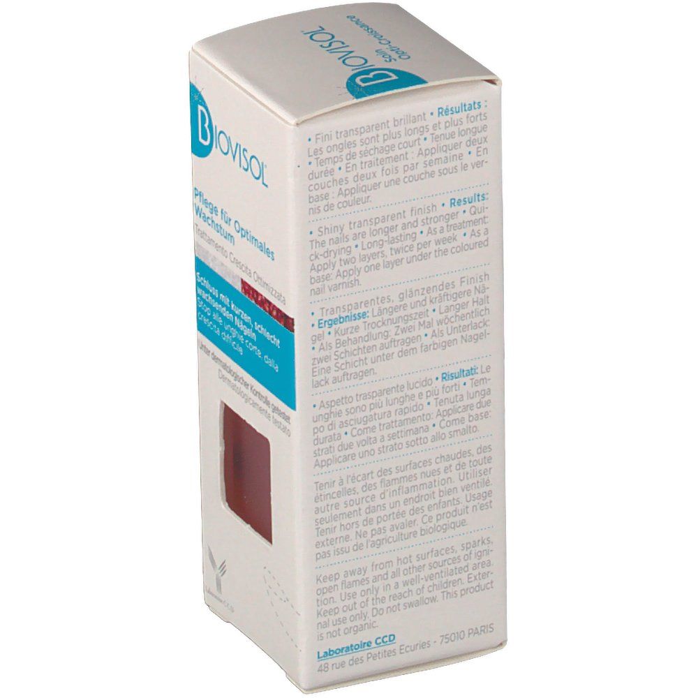 Côté de la boîte Biovisol Soin Opti-Croissance. Texte multilingue et informations d'utilisation.