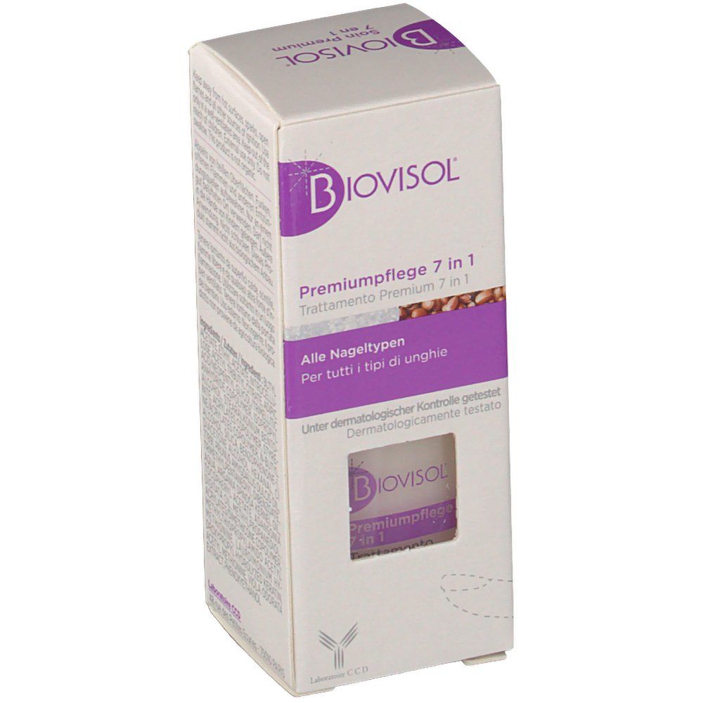 Emballage produit. Biovisol Premium 7 en 1. Pour tous types d'ongles. Testé dermatologiquement. Laboratoire CCD.