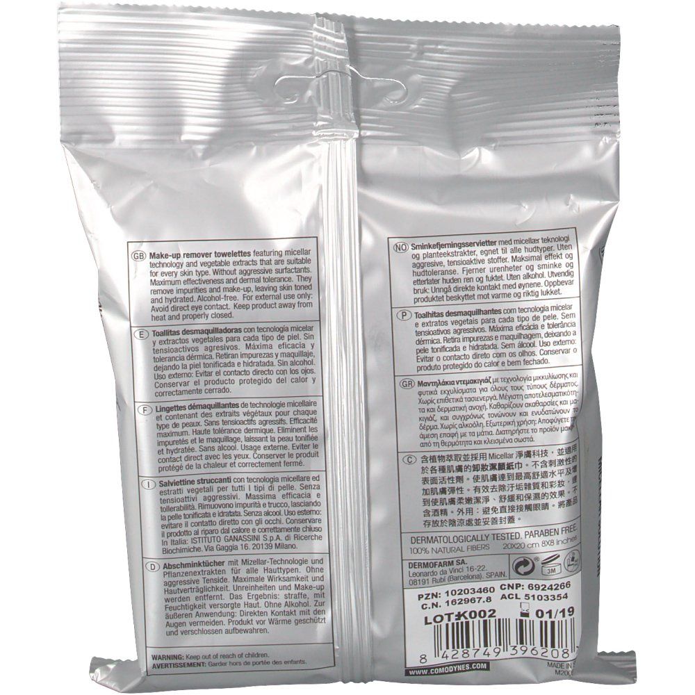 Dos Comodynes lingettes démaquillantes pour peau sensible, 20 pièces.