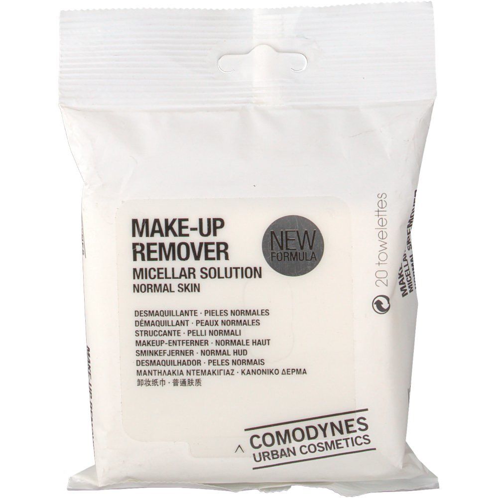 Paquet blanc de lingettes démaquillantes. Inscription: Make-up Remover, Micellar Solution, Normal Skin. Logo: Comodynes Urban Cosmetics.