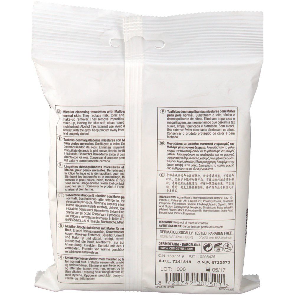 Dos du paquet blanc de lingettes. Texte multilingue. Logo: Comodynes. Informations sur les ingrédients et le fabricant.