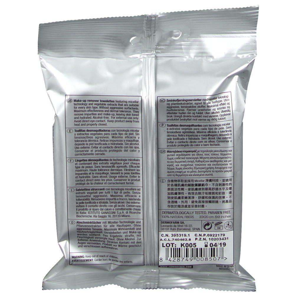 Arrière de l'emballage avec ingrédients et instructions pour lingettes démaquillantes.