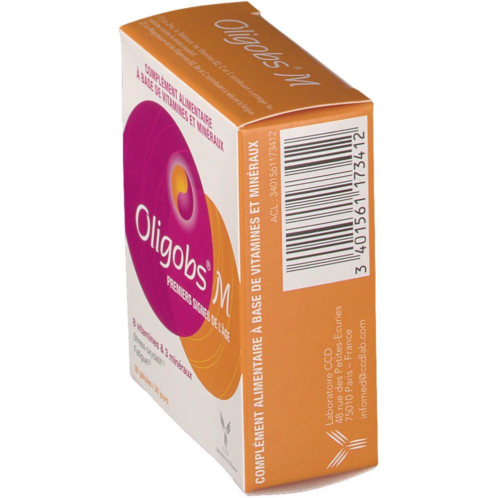 Oligobs M Boîte, vue latérale avec code-barres et informations fabricant.