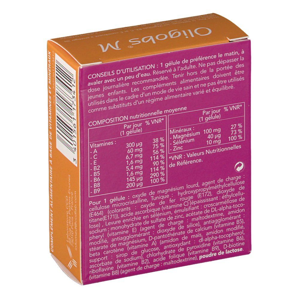 Oligobs M Boîte, verso avec tableau nutritionnel détaillé et liste des ingrédients.