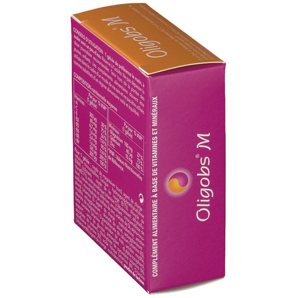Oligobs M Boîte, vue latérale avec informations détaillées sur les vitamines et minéraux.