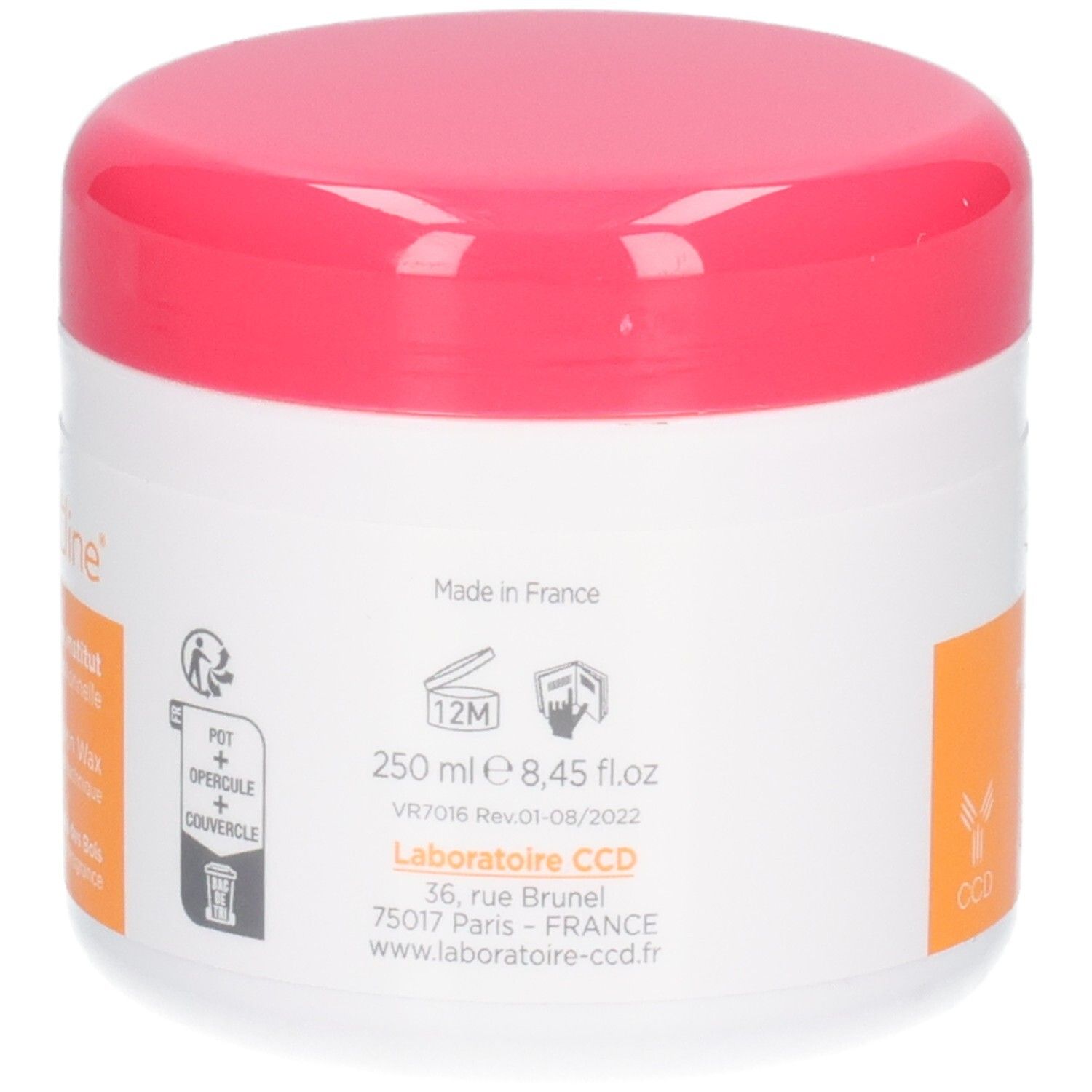 Arrière du pot de Netline Cire Institut avec quantité (250 ml) et durée de conservation (12M).