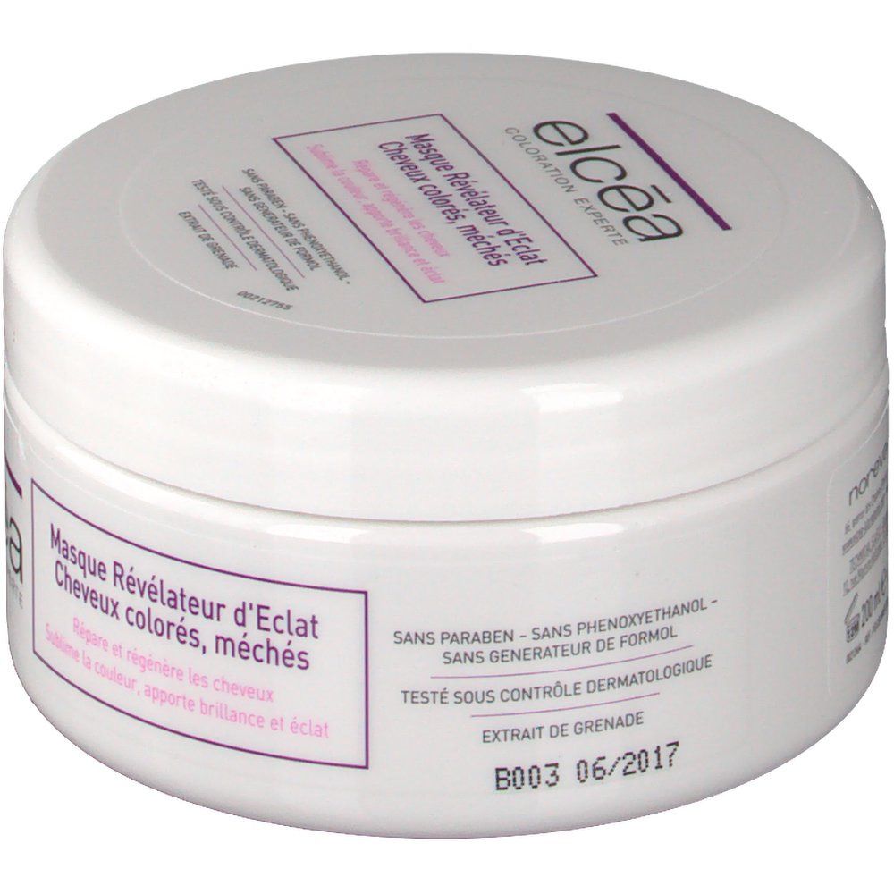 Pot rond blanc avec étiquette violette. Texte: Elcéa, Masque Révélateur d'Eclat, Cheveux colorés, méchés. Date: B003 06/2017.