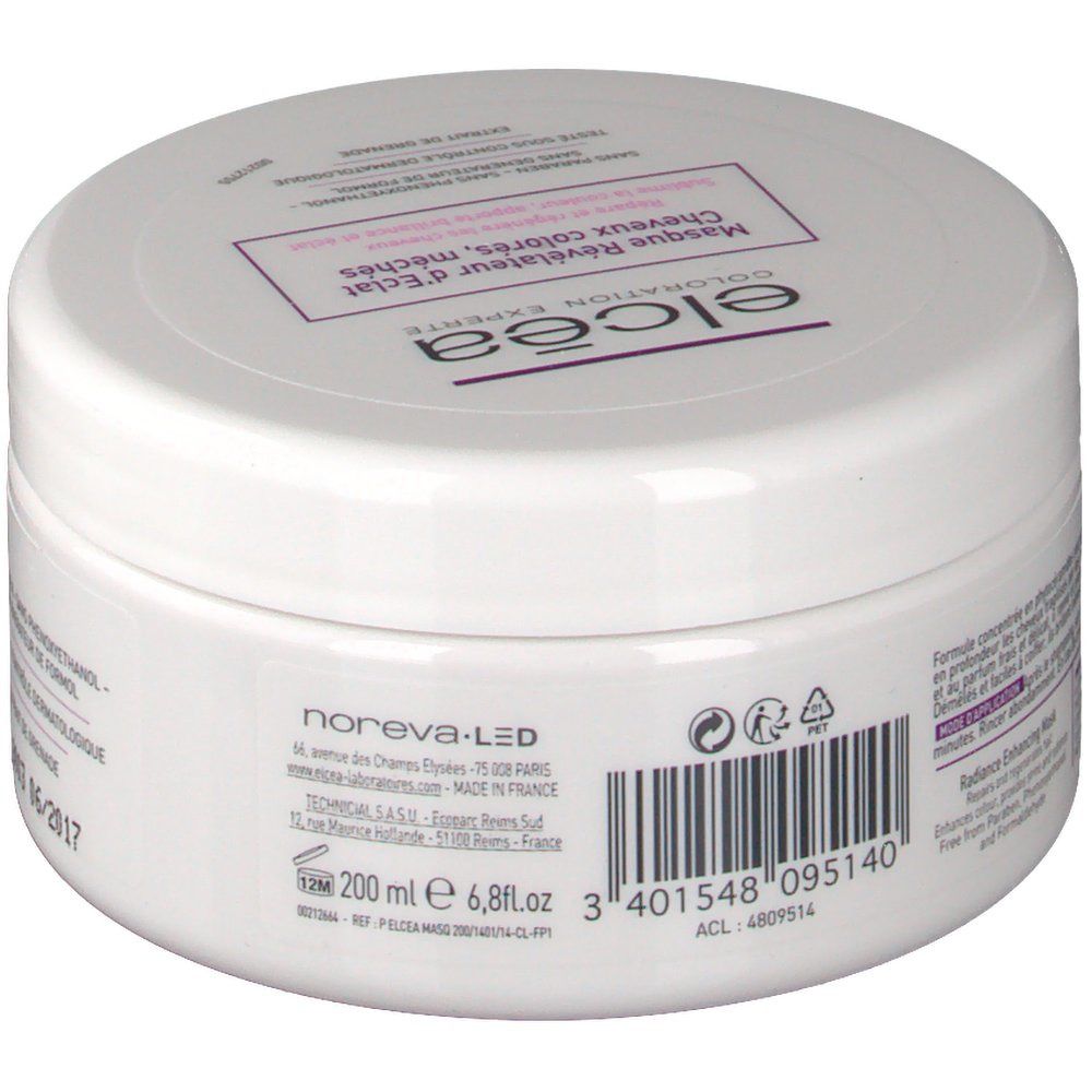 Pot blanc avec étiquette violette. Texte: Elcéa, Masque Révélateur d'Eclat, Cheveux colorés, méchés. Code-barres et informations.