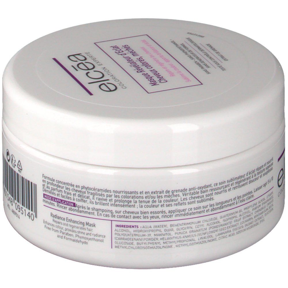 Pot blanc avec étiquette violette. Texte: Elcéa, Masque Révélateur d'Eclat, Cheveux colorés, méchés. Ingrédients et mode d'emploi au dos.