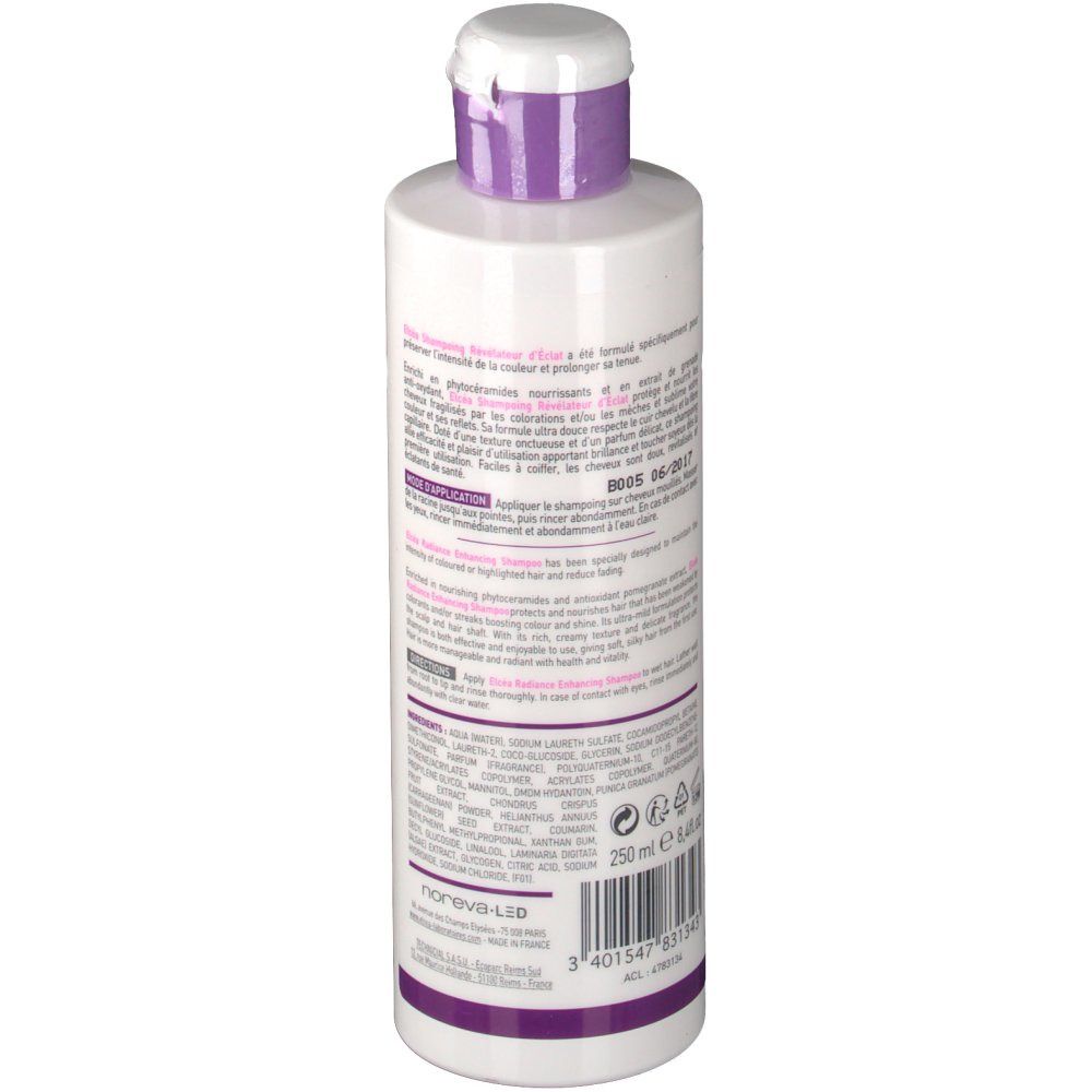 Dos du flacon de shampooing Elcéa. Texte avec informations et ingrédients. 250 ml.