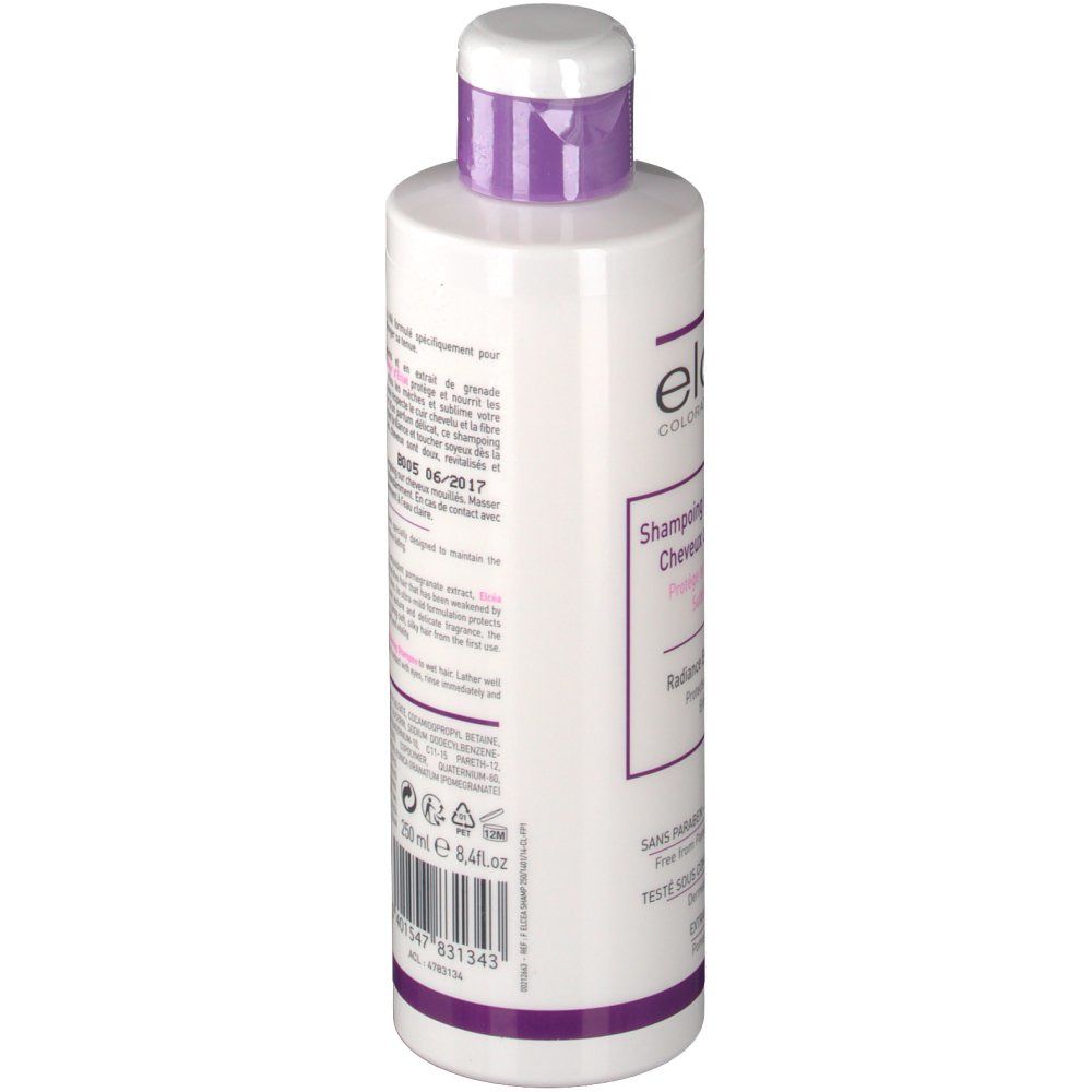 Flacon de shampooing Elcéa. Blanc, accents violets. Nom du produit et informations sur le devant.