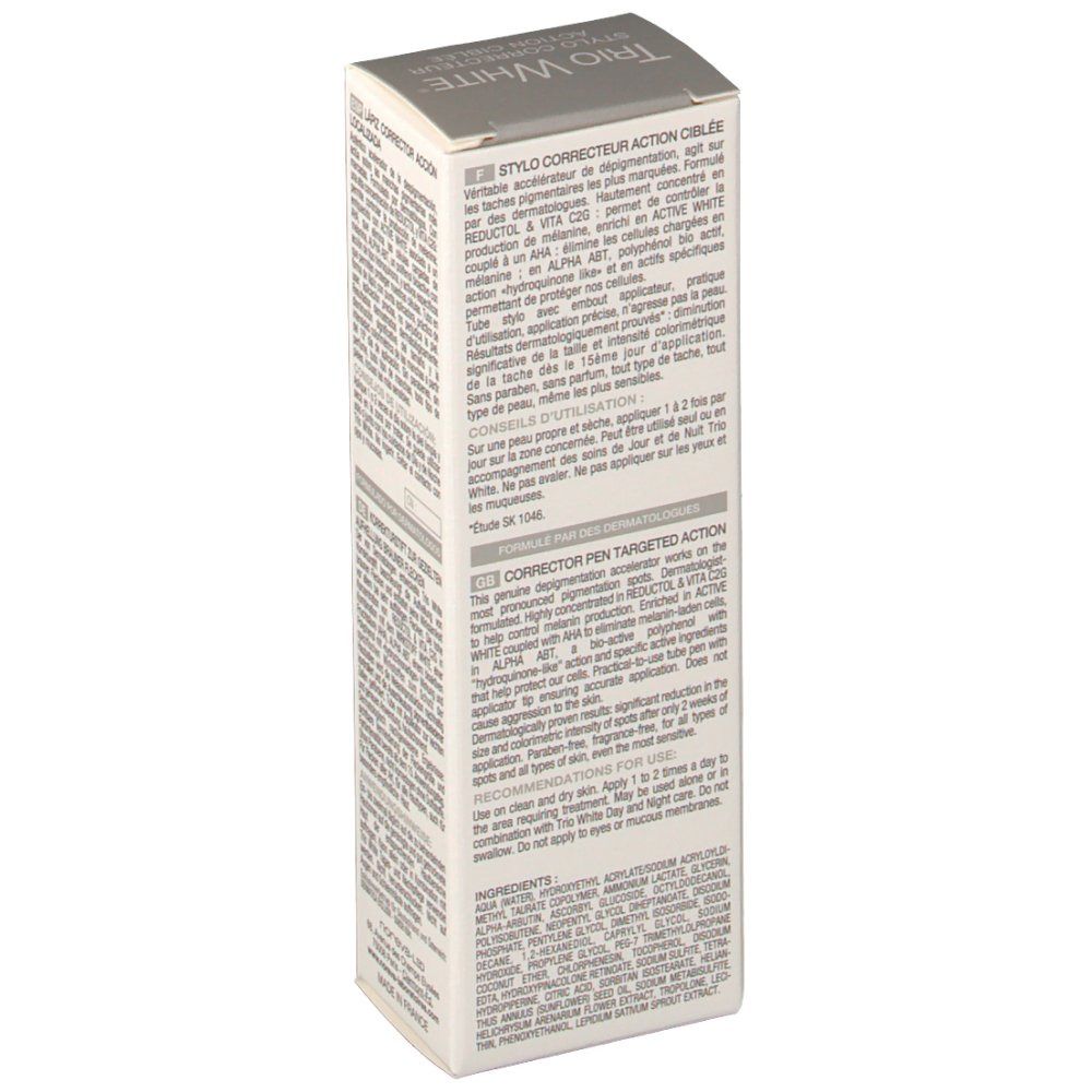 Dos de la boîte de correcteur. Blanc avec texte. Contient des informations sur les ingrédients et l'utilisation. Marque Noreva Laboratoires.