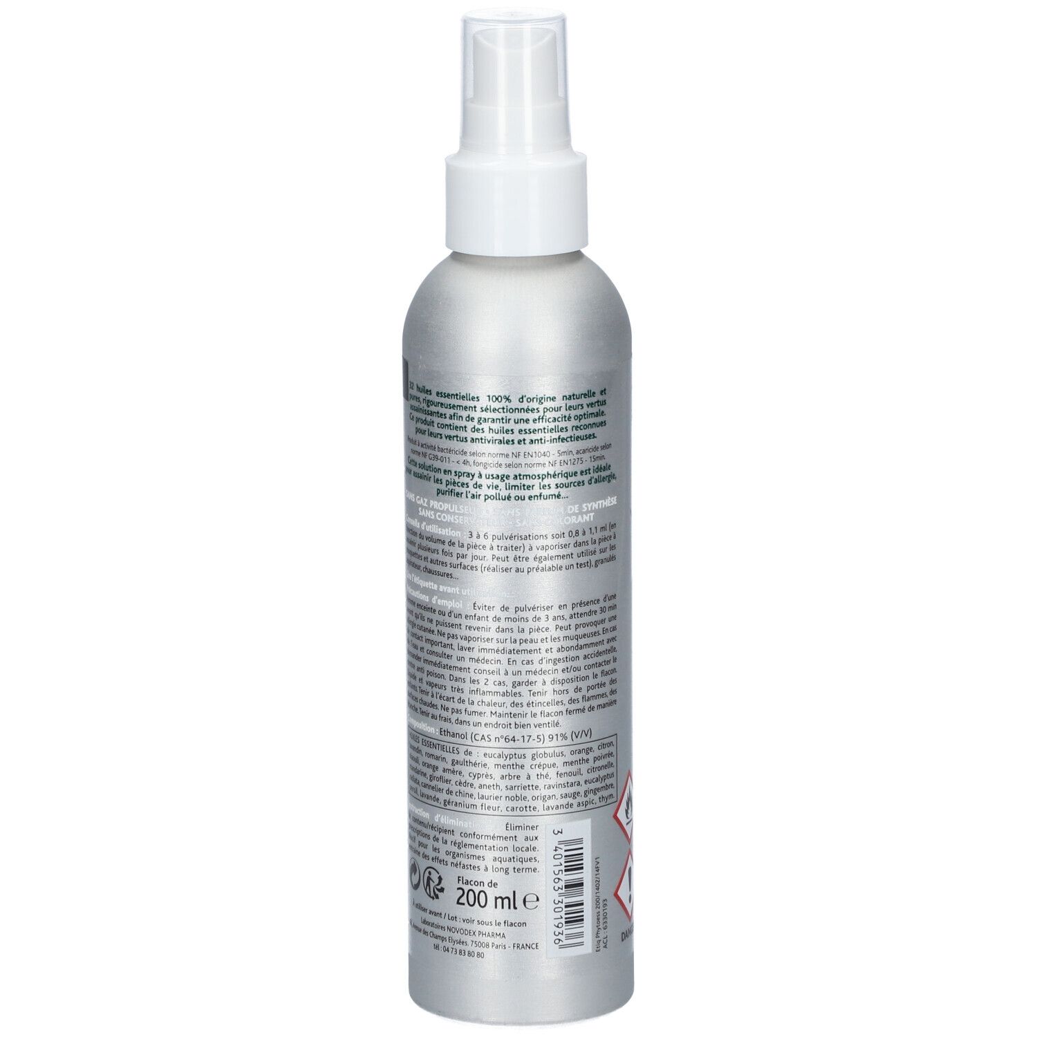 Dos d'un flacon spray argenté avec tête blanche. Informations textuelles et symboles de danger. Volume: 200 ml.