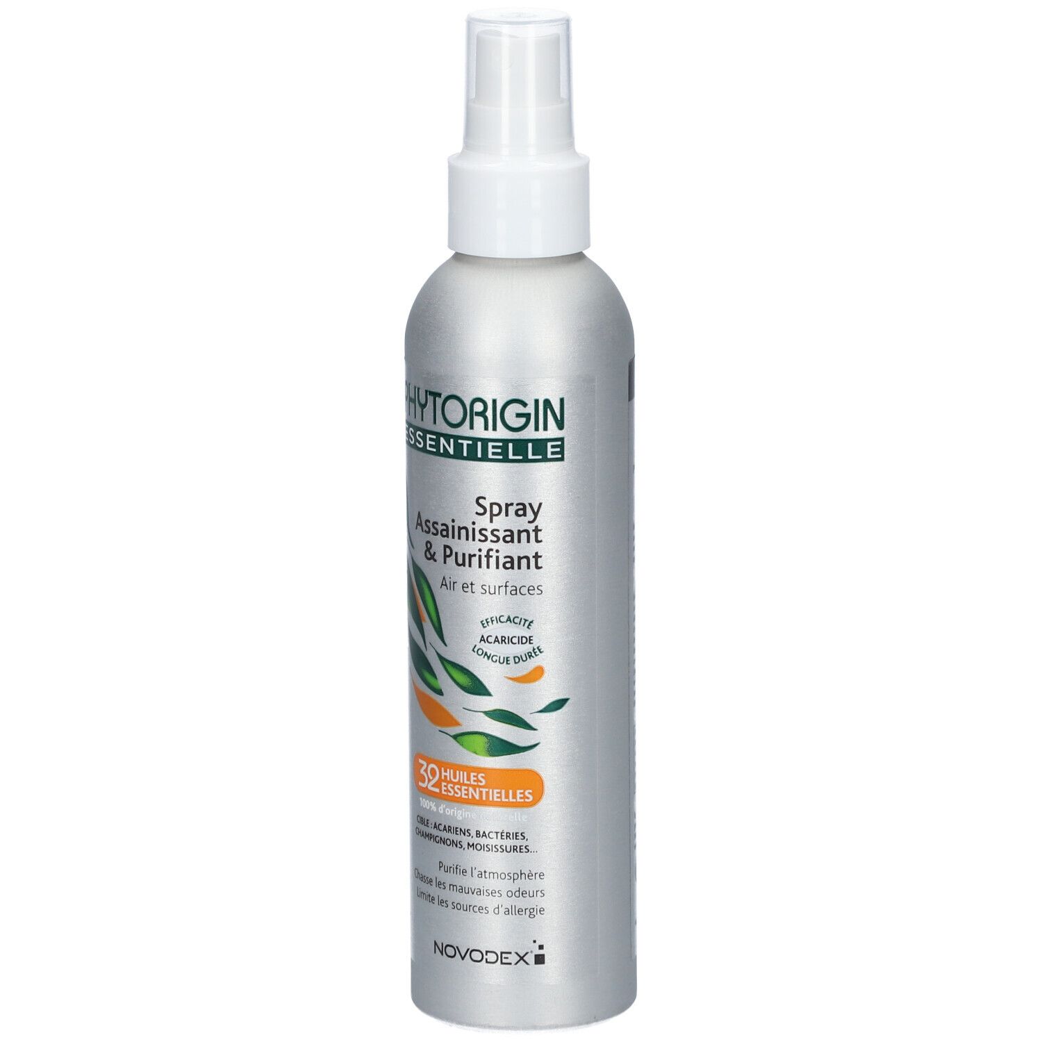 Flacon spray argenté avec tête blanche. Inscription: Phytorigin Essentielle, Spray Assainissant & Purifiant. 32 Huiles Essentielles.