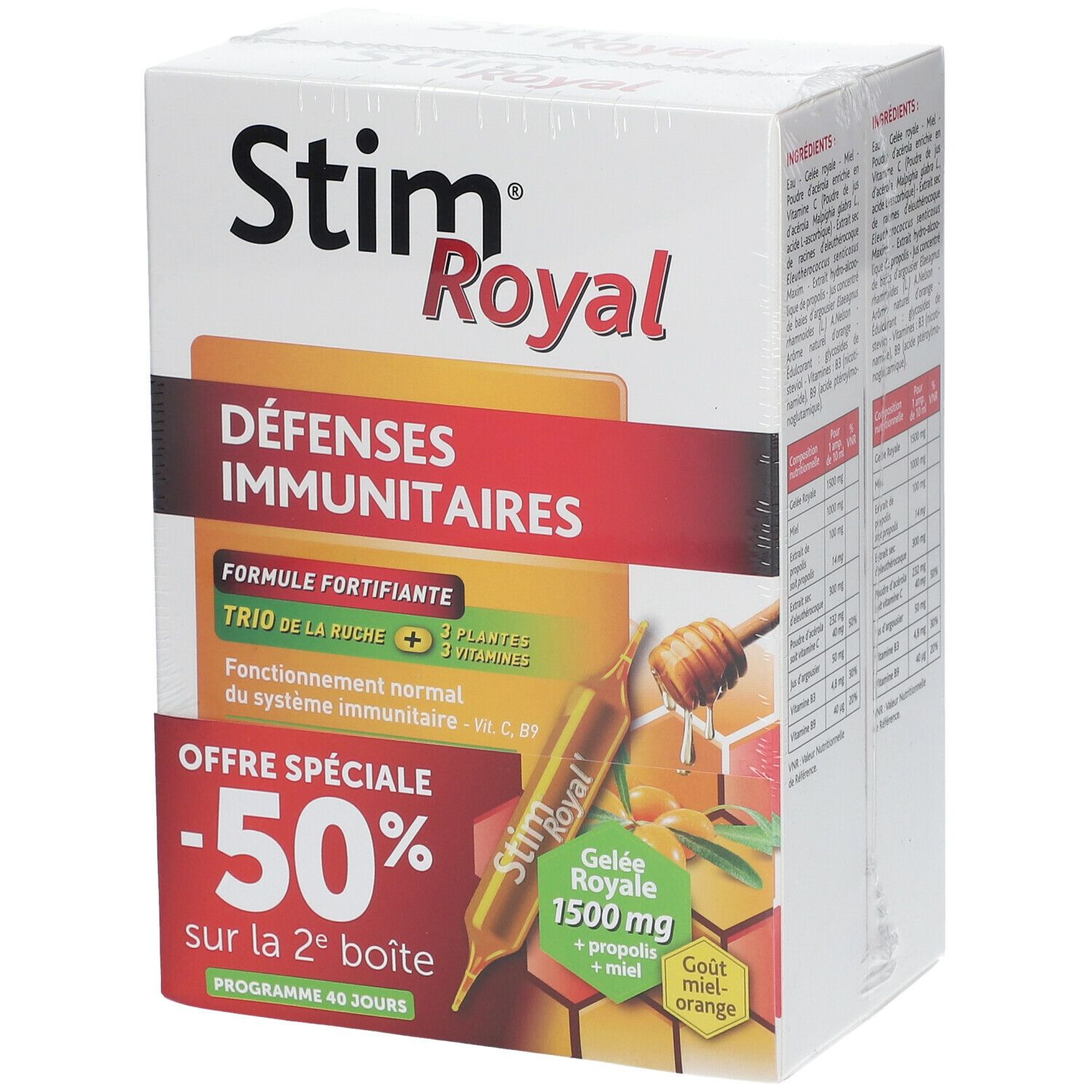 Boîte Stim Royal. Inscription Défenses Immunitaires, -50% sur la 2e boîte. Illustration d'une ampoule et de miel.