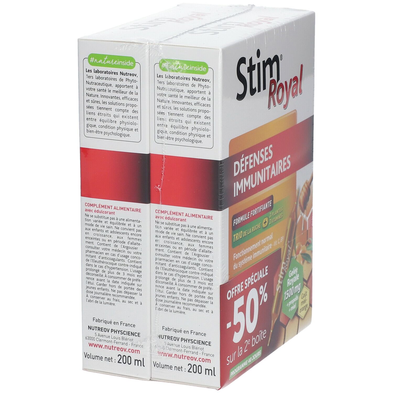 Deux boîtes Stim Royal côte à côte. Inscription Défenses Immunitaires. Texte sur les ingrédients et les valeurs nutritionnelles.