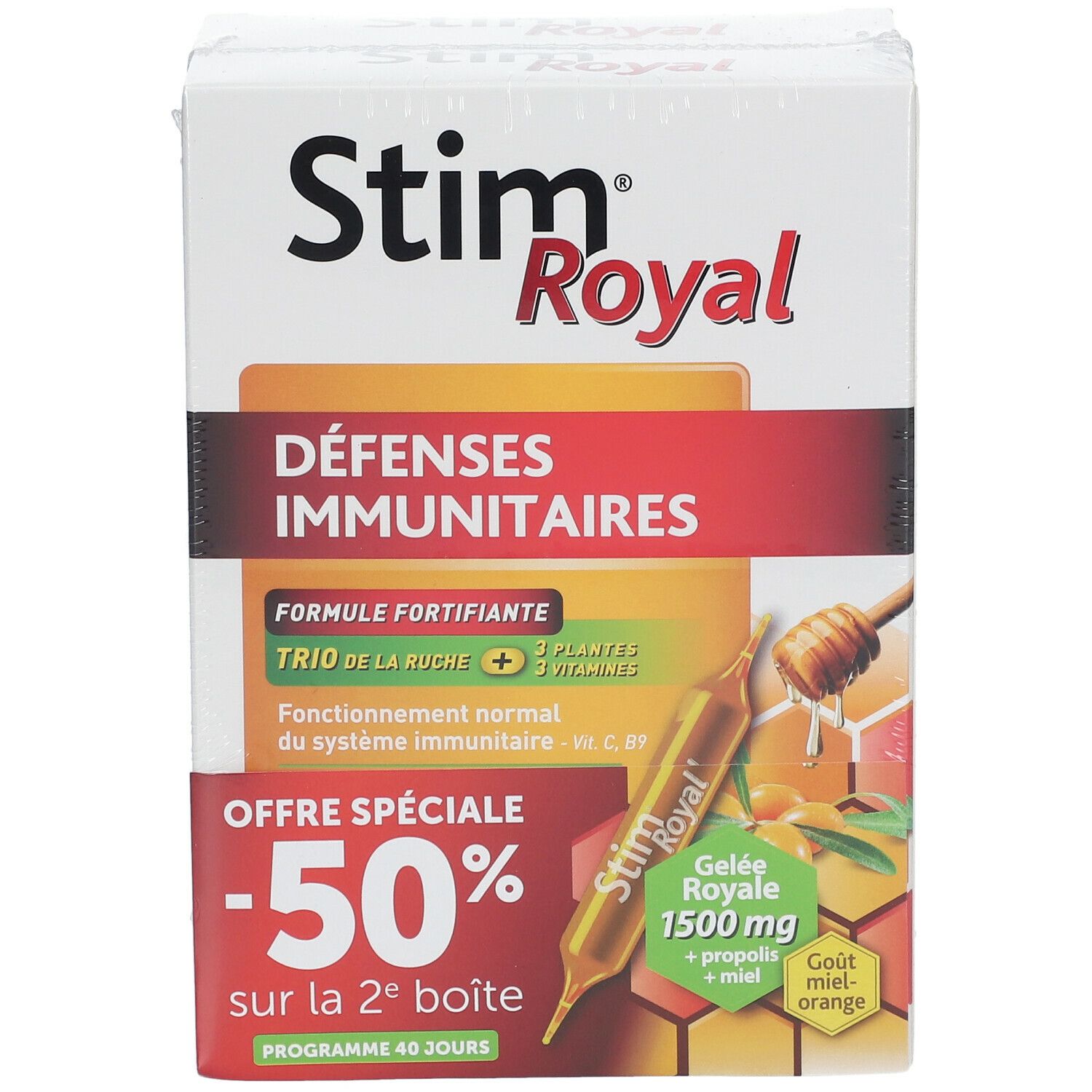 Boîte Stim Royal. Inscription Défenses Immunitaires, -50% sur la 2e boîte. Illustration d'une ampoule et de miel.