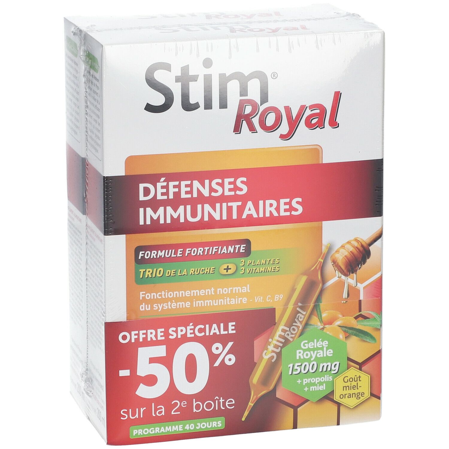 Boîte Stim Royal, emballée. Inscription Défenses Immunitaires, -50% sur la 2e boîte. Illustration d'une ampoule.