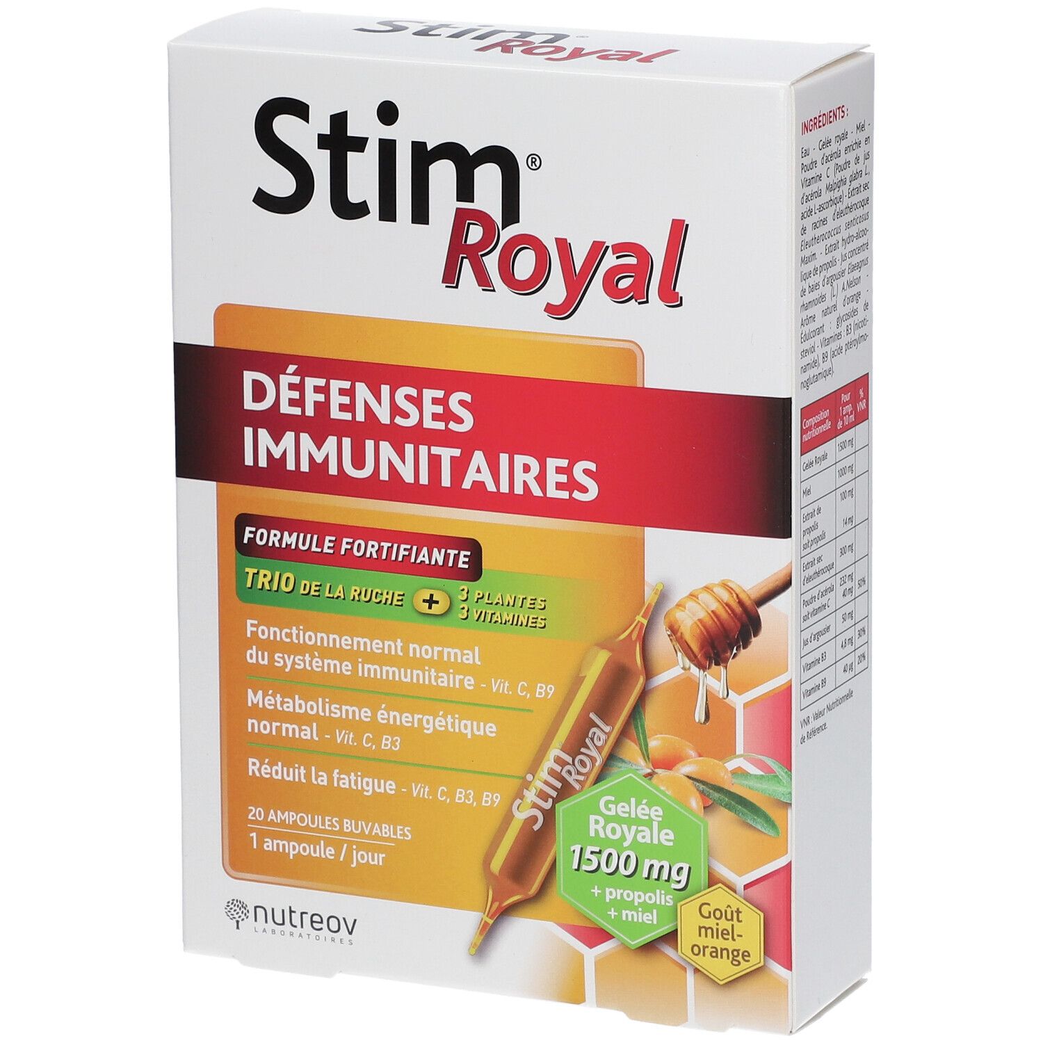 Boîte Nutreov Stim Royal Ampoules Défenses Immunitaires, goût miel-orange.