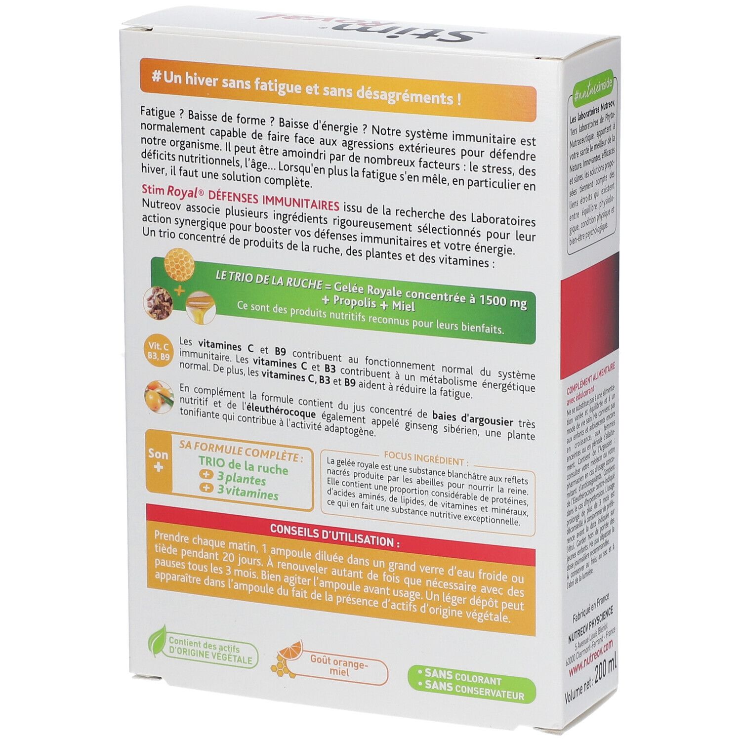 Boîte Nutreov Stim Royal Ampoules, verso avec conseils d'utilisation.