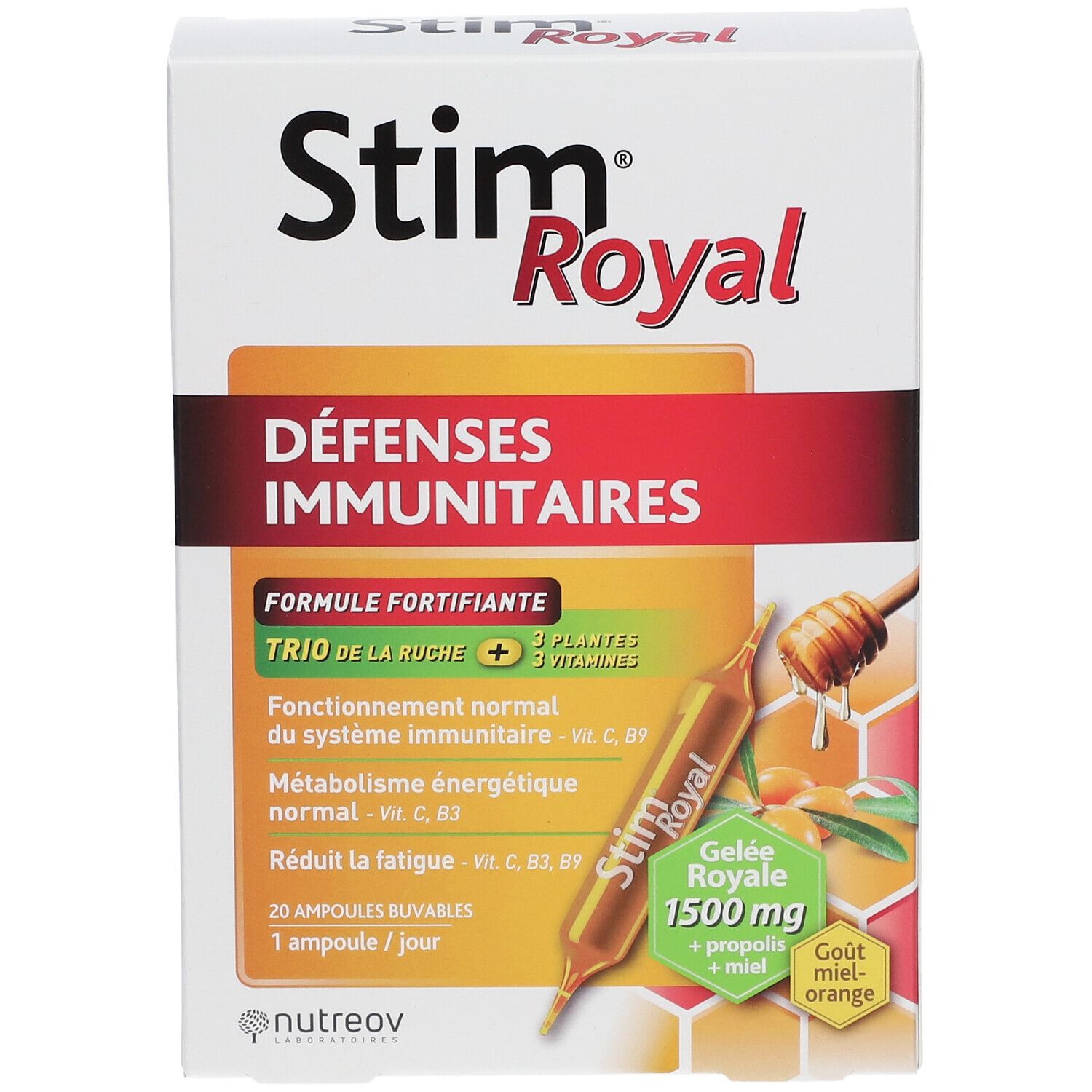 Boîte Nutreov Stim Royal Ampoules Défenses Immunitaires, goût miel-orange.