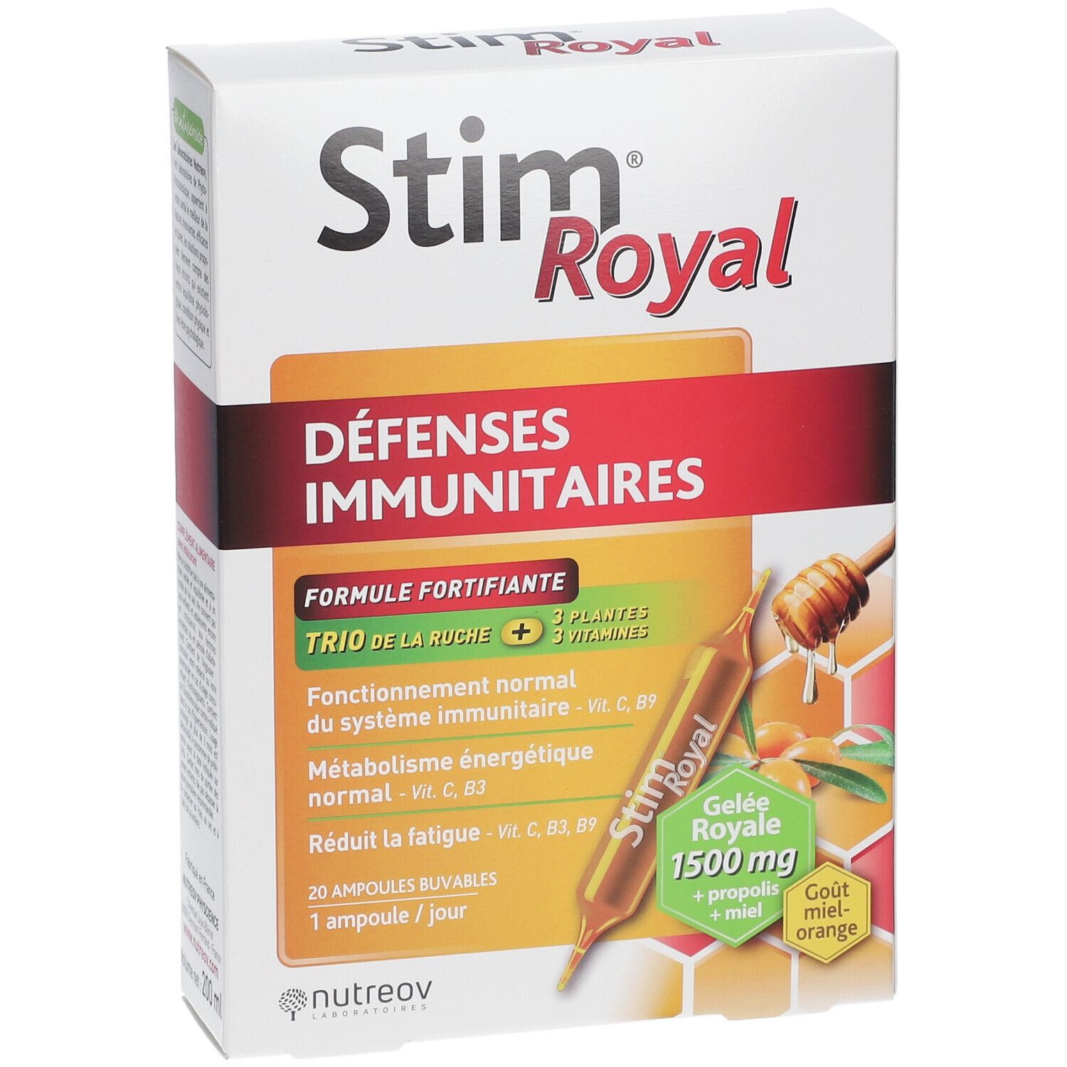 Boîte Nutreov Stim Royal Ampoules Défenses Immunitaires, goût miel-orange.