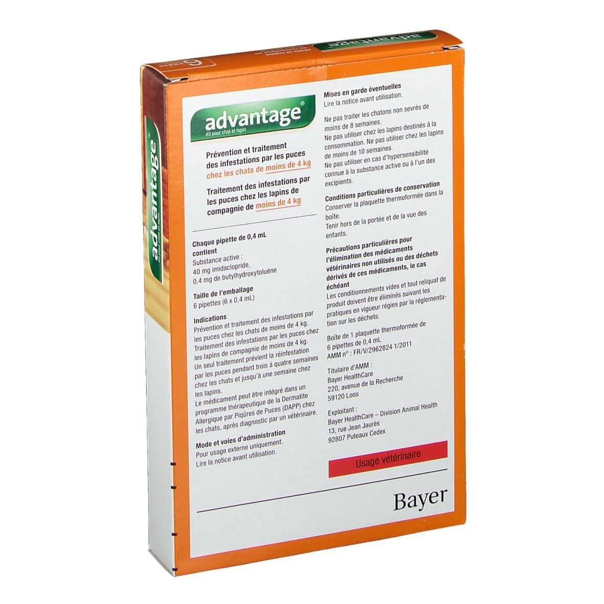 Emballage. Advantage. Informations sur l'utilisation, les ingrédients et les précautions. Logo Bayer.