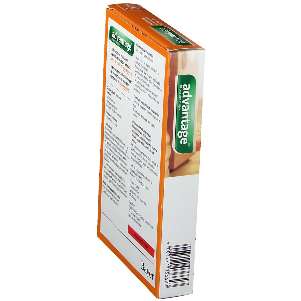 Emballage. Advantage. Informations sur l'utilisation, les ingrédients et les précautions. Logo Bayer.