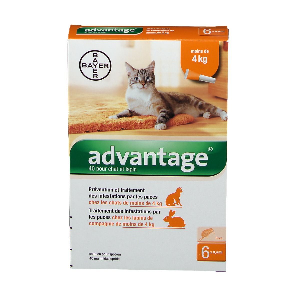 Emballage. Advantage. Chat et lapin. 6 pipettes. Logo Bayer. Pour animaux de moins de 4 kg.